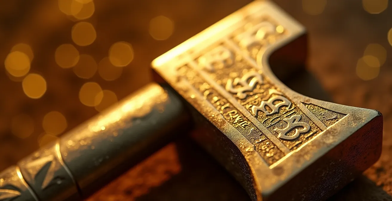 Vue macro d'une gravure de numéro de série sur métal doré