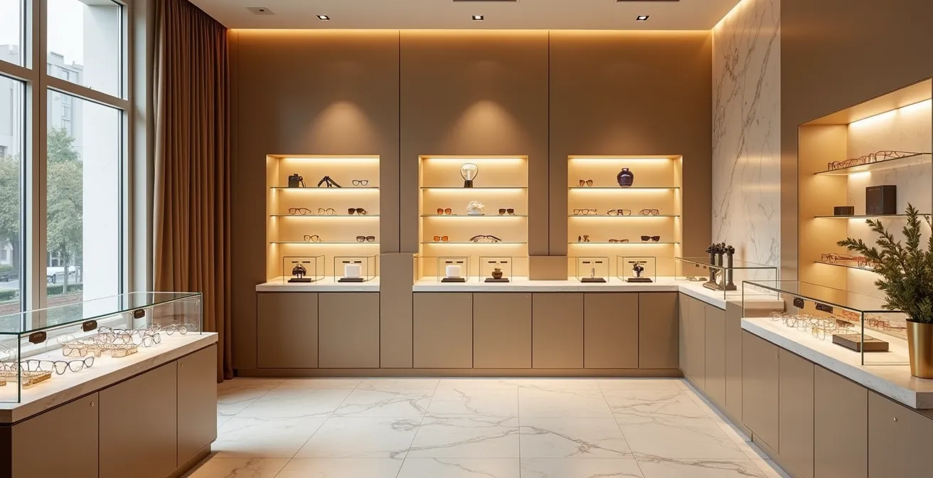 Intérieur élégant d'une boutique d'optique avec éclairage doré