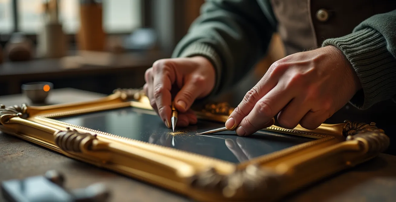 Mains d'artisan polissant une monture dorée avec outils spécialisés