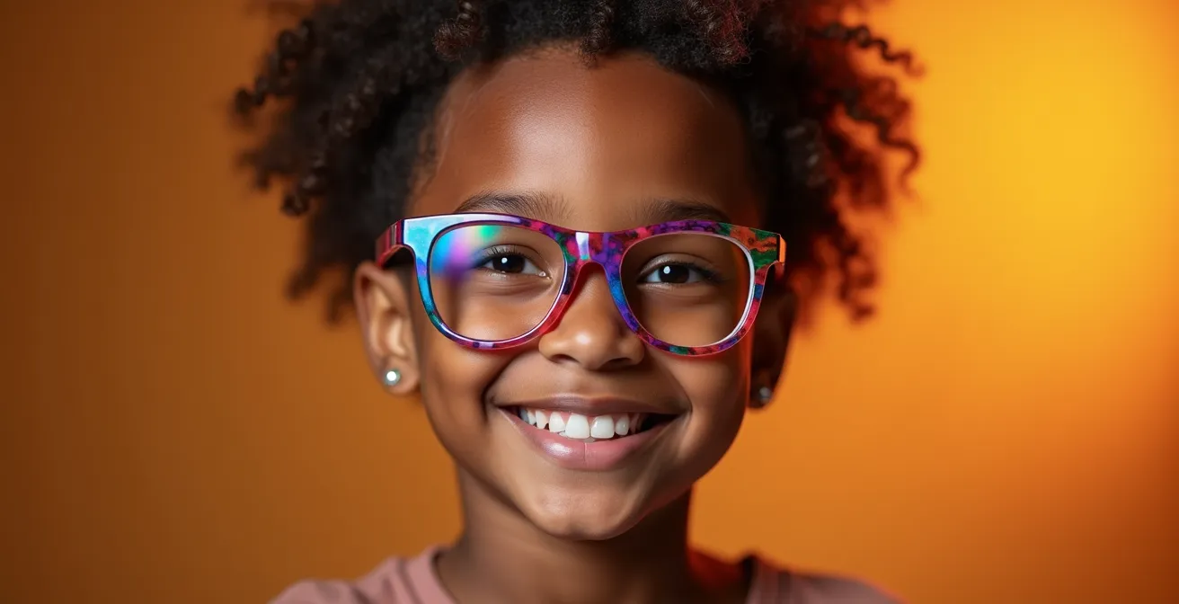 Portrait d'enfant confiant portant ses lunettes avec fierté