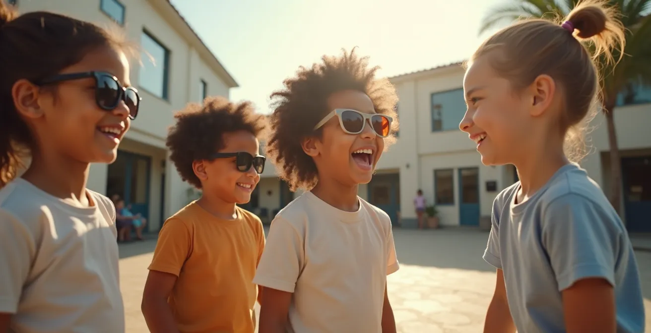 Groupe d'enfants dans une cour d'école, certains portant des lunettes tendance