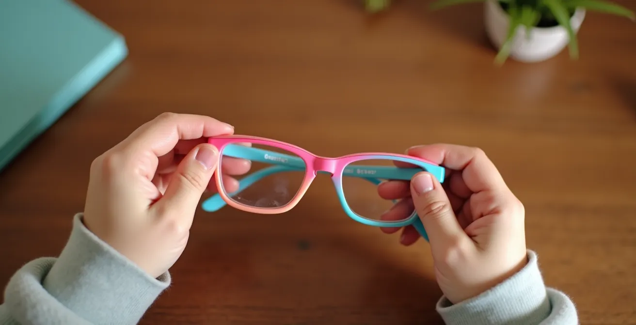 Gros plan sur les petites mains d'un enfant manipulant ses lunettes colorées