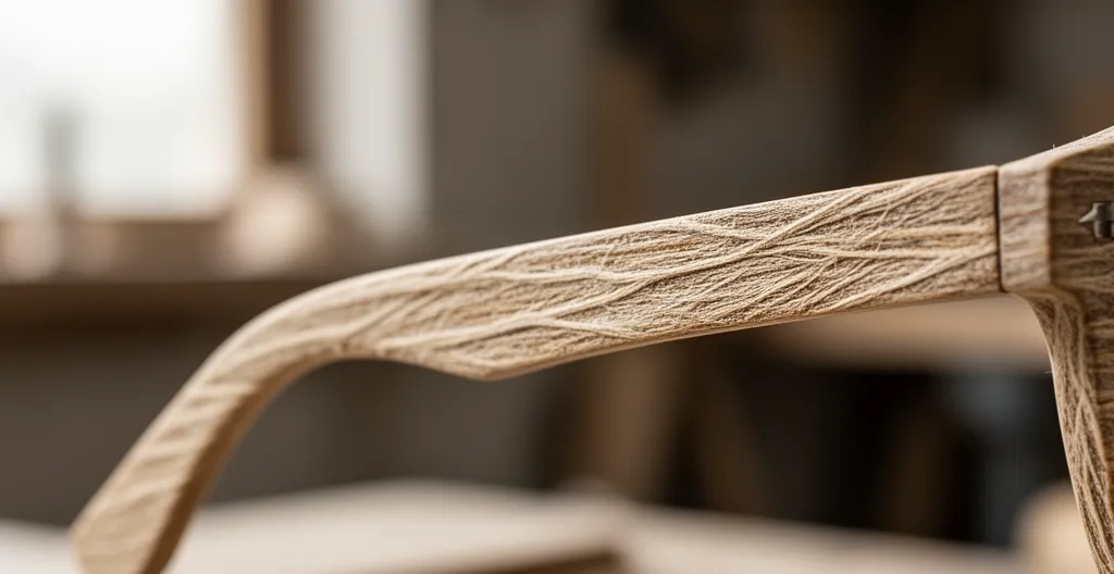 Gros plan sur une branche de lunettes en fibre de lin montrant le veinage naturel du matériau