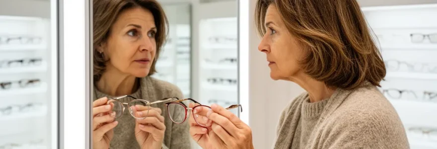 Femme adulte essayant des montures de lunettes dans une boutique d'opticien lumineuse