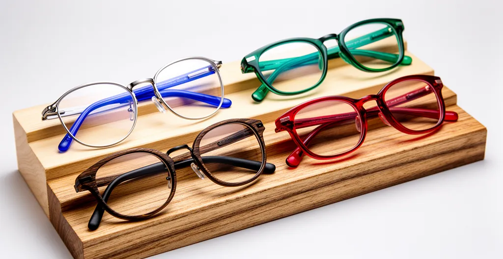 Montures de lunettes en titane, acétate coloré, bois et métal posées sur un présentoir en bois clair