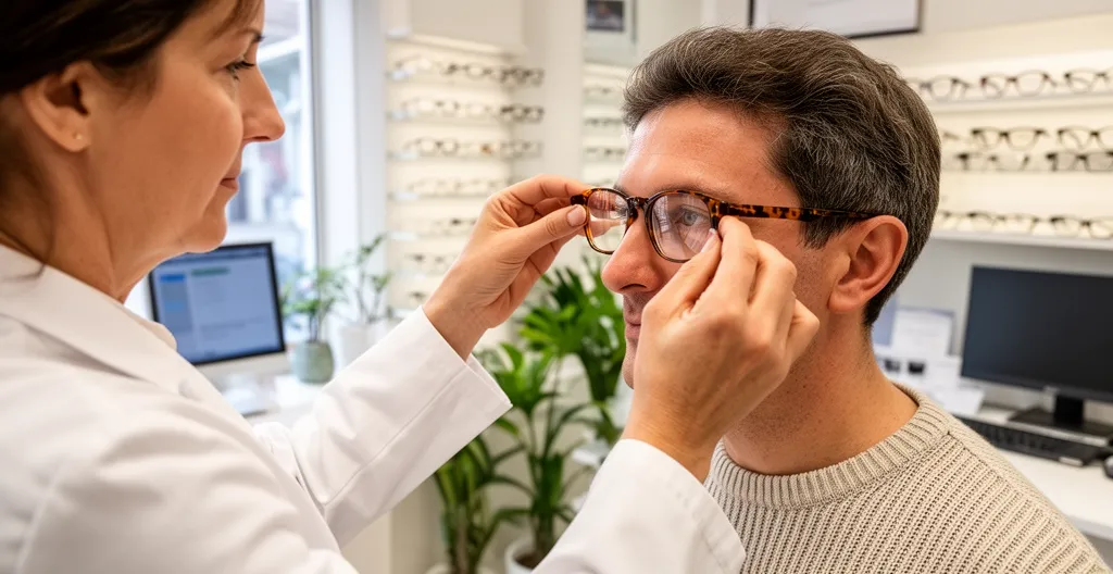 Opticienne ajustant les branches d'une monture sur le visage d'un client pour un confort optimal